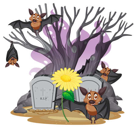 An isolated graveyard scene with many bats illustrationのイラスト素材