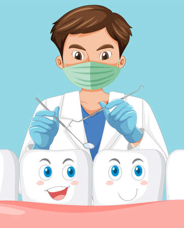 Dentist holding instruments and examining teeth on blue background illustrationのイラスト素材