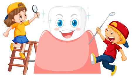 Happy kids checking tooth with a dental mirror on white background illustrationのイラスト素材