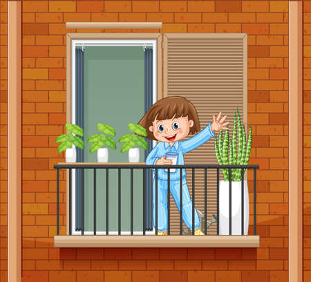 Cute girl waving hand on the balcony illustrationのイラスト素材