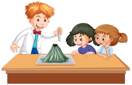 Science teacher and kids doing science experiments on volcanic eruptions illustrationのイラスト素材