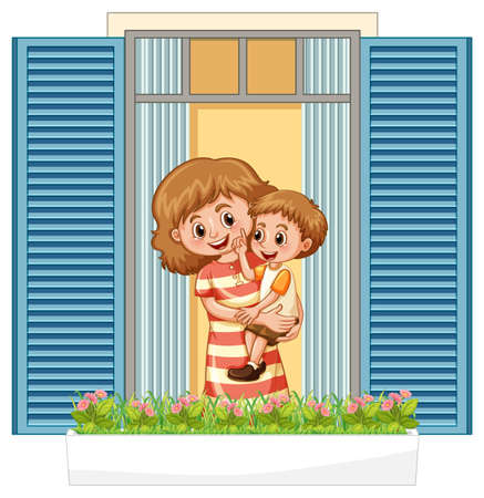 Mother and son standing on the balcony illustrationのイラスト素材