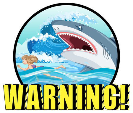 A Marine logo with big blue shark and warning text illustrationのイラスト素材