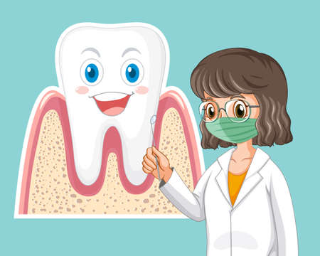 Happy dentist holding dental mirror with big tooth on light blue background illustrationのイラスト素材