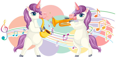 Cute purple unicorn blowing trumpet with music notes on white background illustrationのイラスト素材