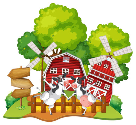 Scene with farm animal on the farm illustrationのイラスト素材