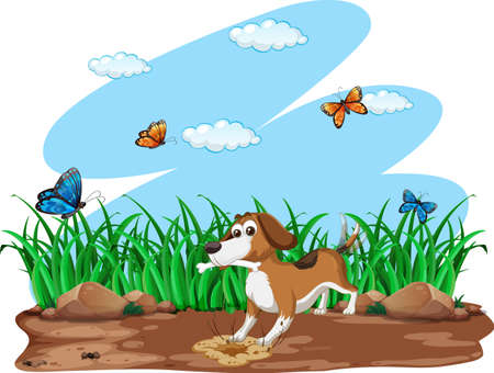 Dog digging hole in the garden illustrationのイラスト素材