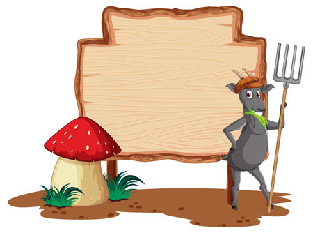 Blank wooden signboard with black sheep cartoon illustrationのイラスト素材