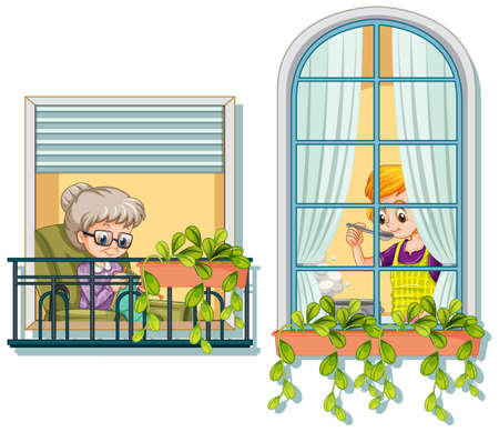 View through the window of cartoon character illustrationのイラスト素材