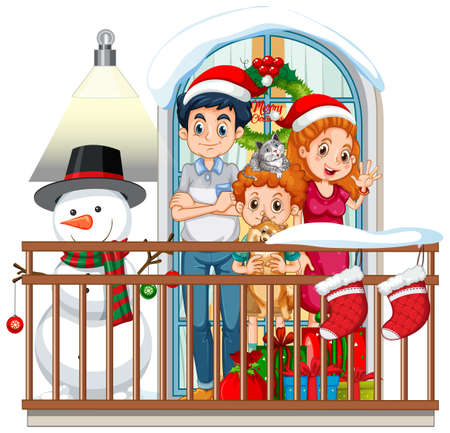 Family in Christmas theme standing on the balcony illustrationのイラスト素材