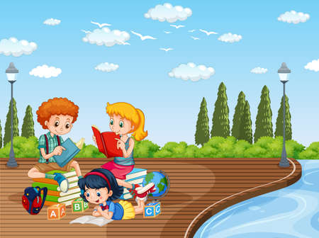 Children reading books in park background illustrationのイラスト素材