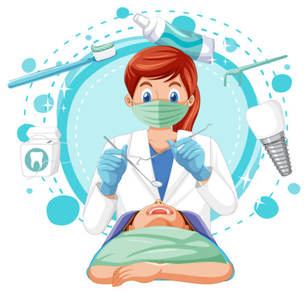 Dentist woman examining patient teeth on white background illustrationのイラスト素材