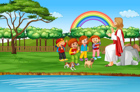 Jesus and children at the park illustrationのイラスト素材