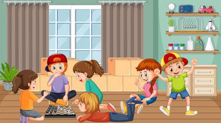 Children playing games in the room illustrationのイラスト素材