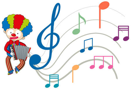 Clown playing accrodion with music notes on white background illustrationのイラスト素材