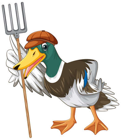 Little duck with pitchfork on white ground illustrationのイラスト素材