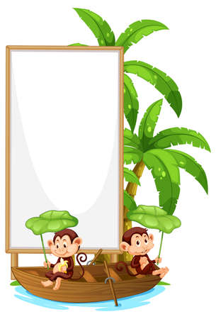 Blank wooden signboard with monkey catoon illustrationのイラスト素材