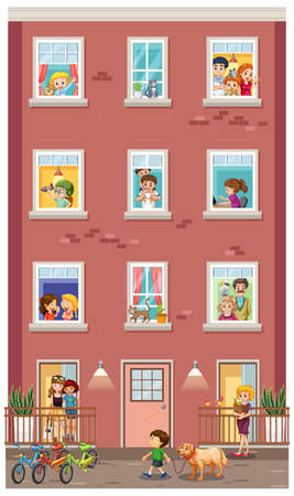 Apartment windows with neighbors cartoon character illustrationのイラスト素材
