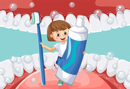 A little girl holding toothpaste and toothbrush inside human mouth illustrationのイラスト素材