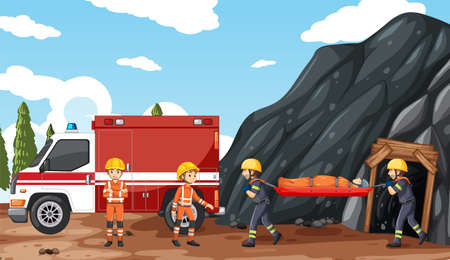 Cave scene with firerman rescue in cartoon style illustrationのイラスト素材