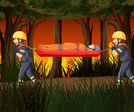 Wildfire scene with firerman rescue in cartoon style illustrationのイラスト素材