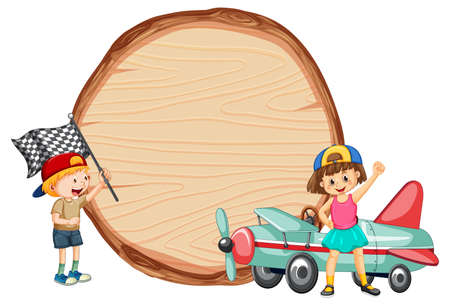 Isolated wooden banner with children illustrationのイラスト素材