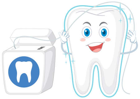 Happy cleaning a big tooth with dental floss illustrationのイラスト素材