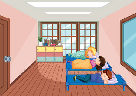 Children sleeping in beds at room illustrationのイラスト素材