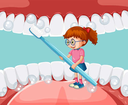 A little girl brushing whiten teeth with a toothbrush inside human mouth illustrationのイラスト素材