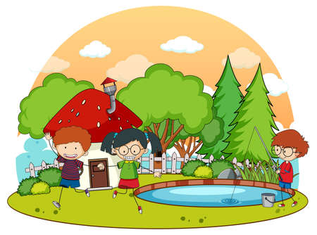 A simple fantasy house with kids in nature background illustrationのイラスト素材