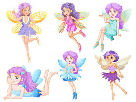 Set of different beautiful fairy girl cartoon character illustrationのイラスト素材