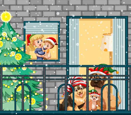 Balcony scene with cartoon character in Christmas theme illustrationのイラスト素材