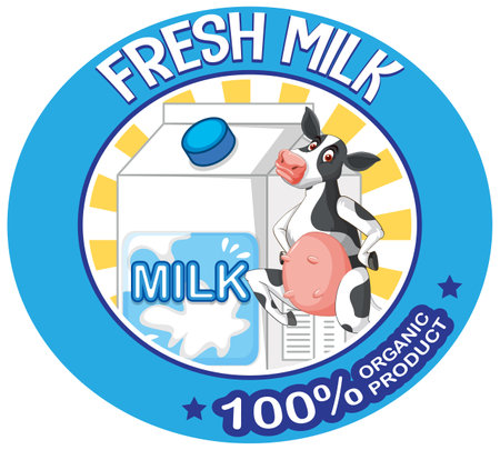 Cartoon cow with fresh milk label illustrationのイラスト素材