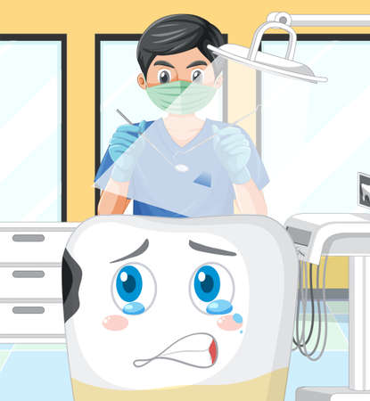 Dentist holding instruments and examining teeth decay in clinic illustrationのイラスト素材