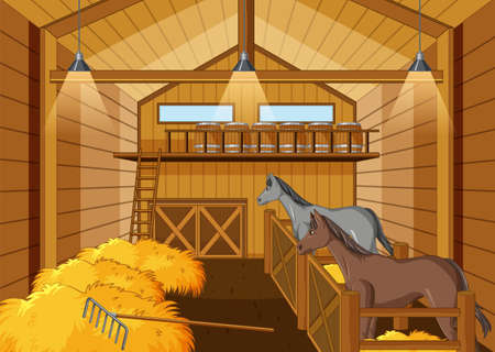 Scene with horse inside the barn illustrationのイラスト素材
