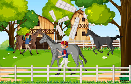 Outdoor scene with equestrian leading horse illustrationのイラスト素材