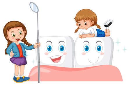 Children holding dental mirror with whiten teeth on white background illustrationのイラスト素材