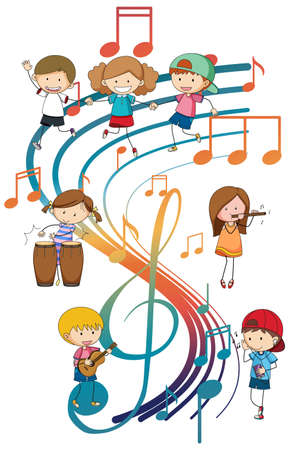 Happy children playing musical instruments with music notes on white background illustrationのイラスト素材