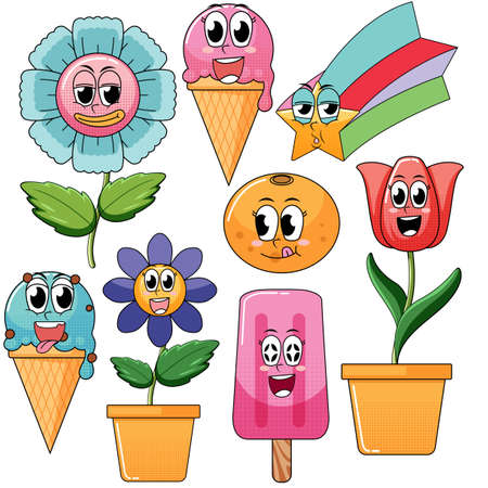 Set of facial expression with vintage style food cartoon on white background illustrationのイラスト素材