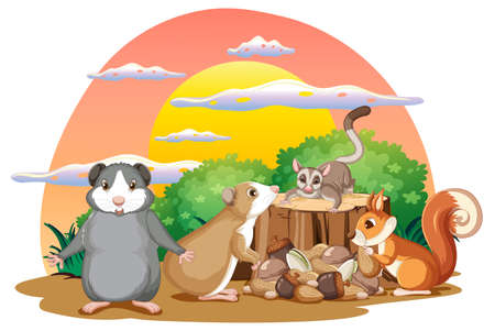 Isolated scene with different cute animals illustration