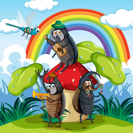 Fantasy forest with cartoon insects  illustrationのイラスト素材