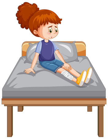 A girl with injure leg crying on the bed illustrationのイラスト素材