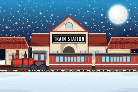 Train station scene with steam locomotive illustrationのイラスト素材
