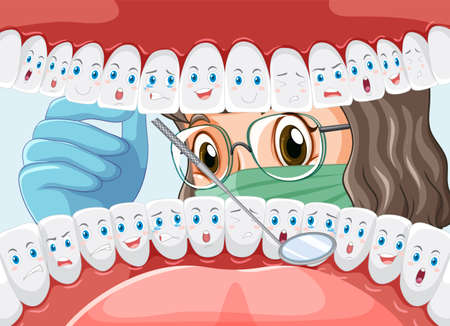 Dentist holding instruments examining patient teeth inside human mouth illustrationのイラスト素材