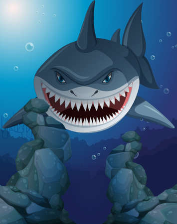 Aggressive shark underwater deep sea background illustrationのイラスト素材