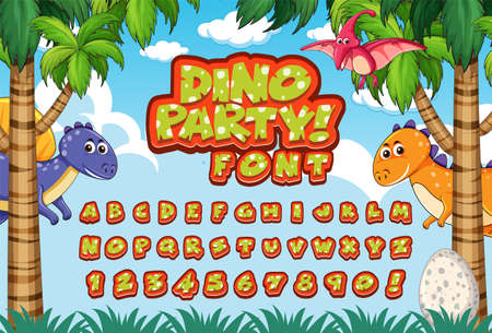 Font design for english alphabets in dinosaur character with jungle illustrationのイラスト素材