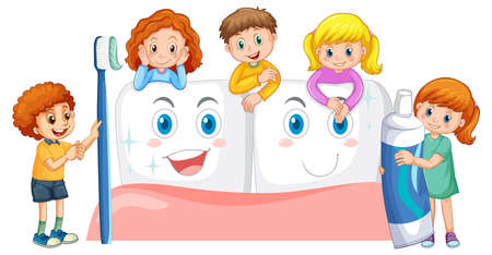 Children holding toothpaste and toothbrush with whiten teeth on white background illustrationのイラスト素材