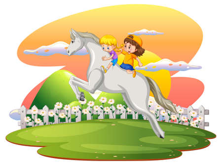 A scene of girl and friend riding on a horse illustrationのイラスト素材