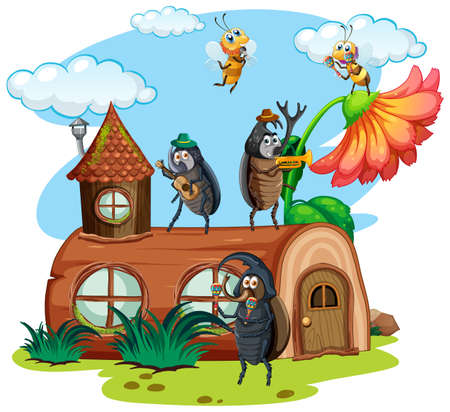 Fantasy stump house with beetle and bee illustrationのイラスト素材