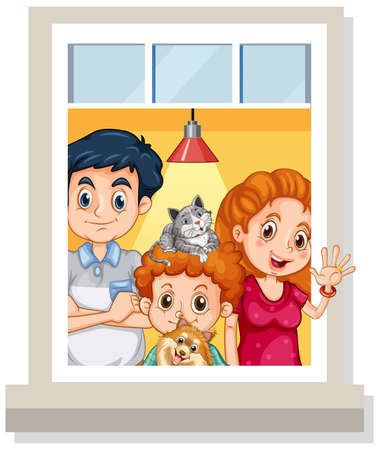 View through the window of happy family illustrationのイラスト素材